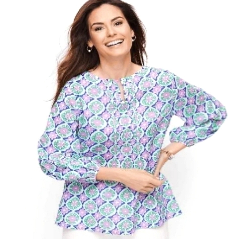 Talbots Cotton Floral Pin Tuck Peasant Top Large petite